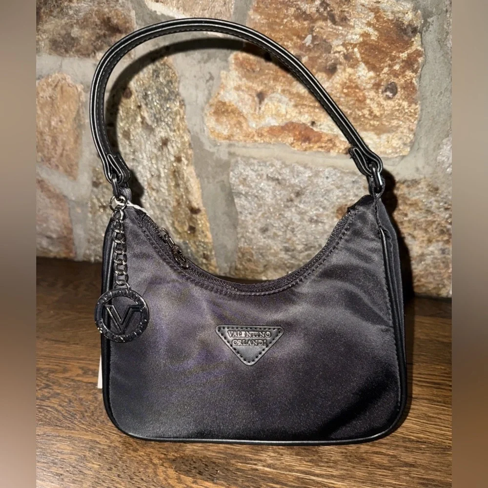 Valentino Orlandi Black Crescent Half Moon Minimal Nylon Shoulder Bag With Charm - Picture 5 of 6